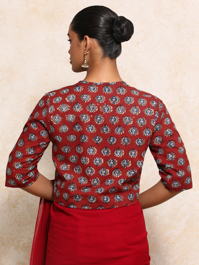 Ishanya x Rozaana | Elbow Sleeves Saree Blouse in Crimson Field Block Print Cotton-Binks
