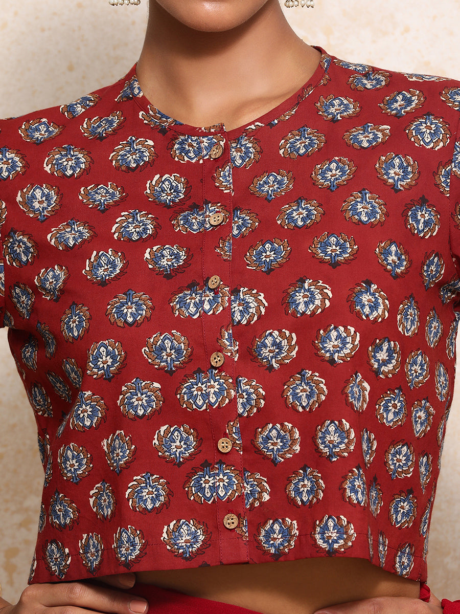 Ishanya x Rozaana Saree Blouse, in Red 100% Cotton - Block Printed, featuring elbow sleeves and jewel neckline (view 3).