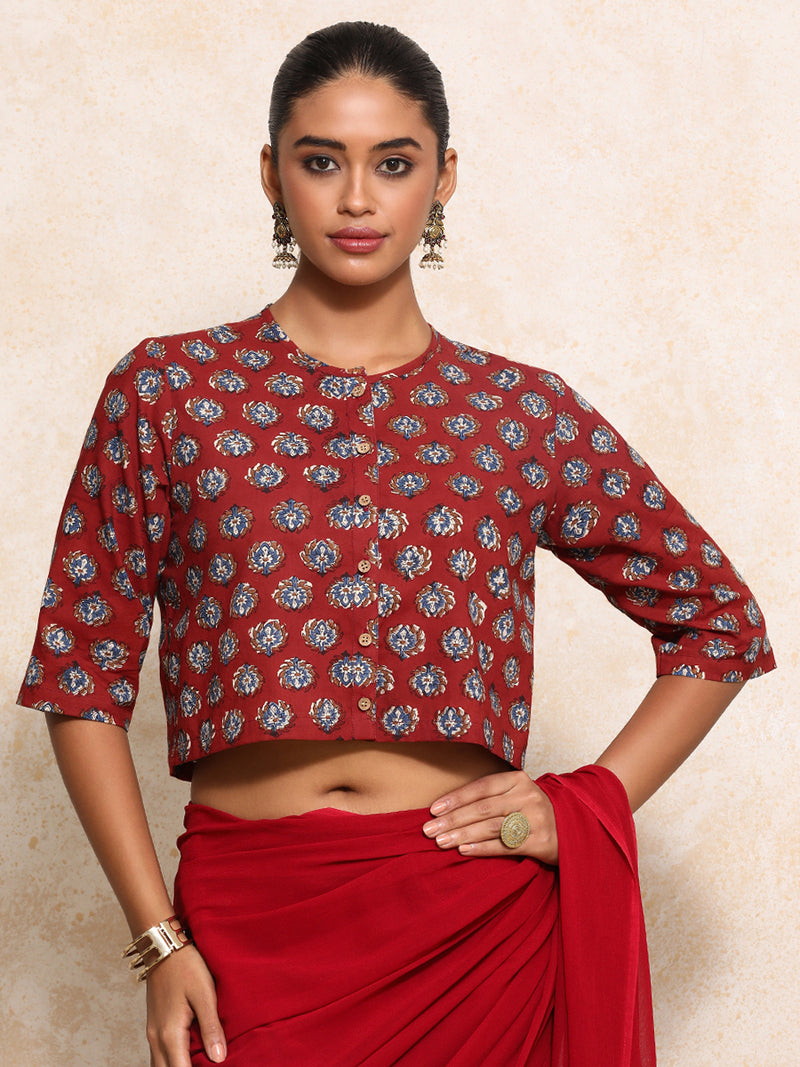Ishanya x Rozaana | Elbow Sleeves Saree Blouse in Crimson Field Block Print Cotton-Binks