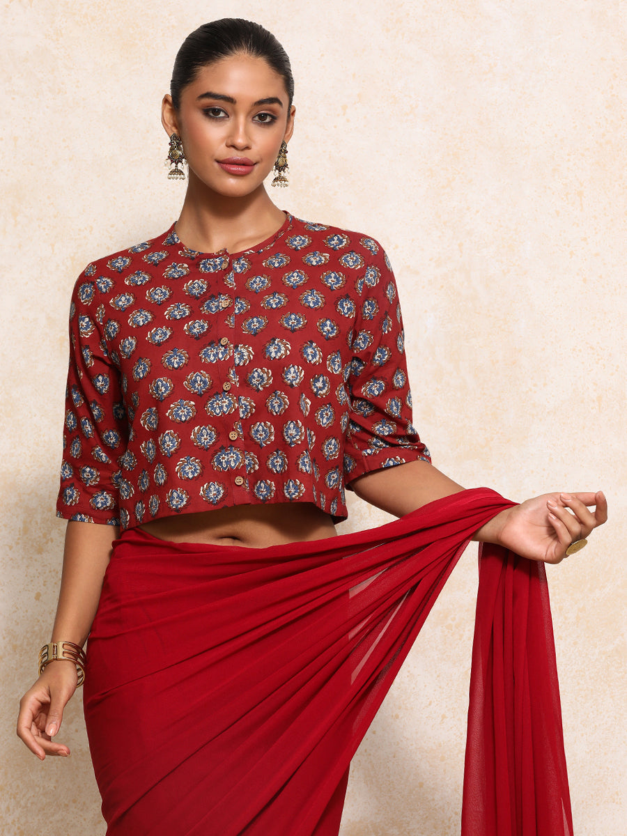 Ishanya x Rozaana Saree Blouse, in Red 100% Cotton - Block Printed, featuring elbow sleeves and jewel neckline (view 6).