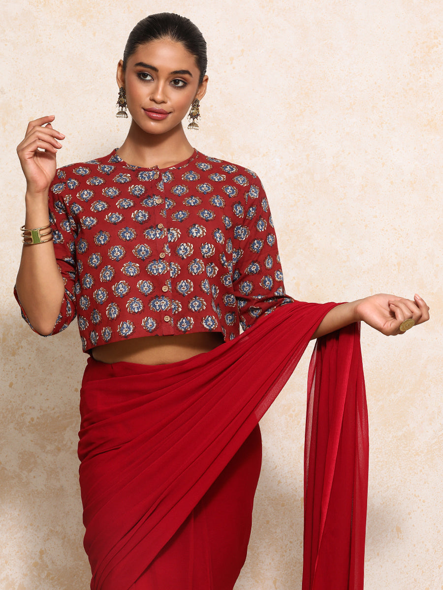 Ishanya x Rozaana Saree Blouse, in Red 100% Cotton - Block Printed, featuring elbow sleeves and jewel neckline (view 8).