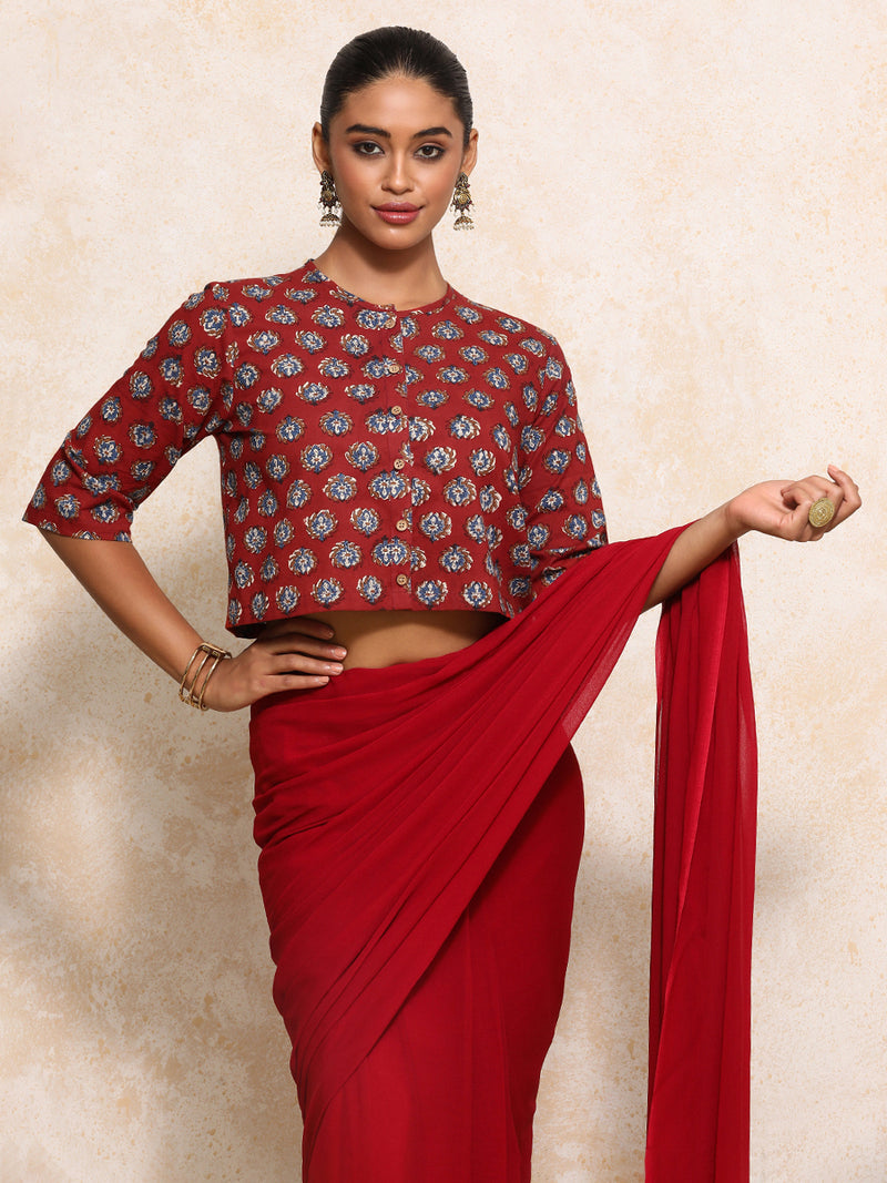 Ishanya x Rozaana | Elbow Sleeves Saree Blouse in Crimson Field Block Print Cotton-Binks