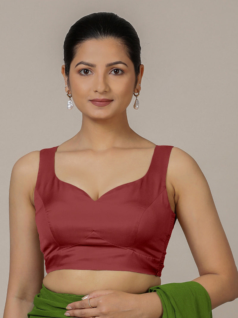 Ishika x Rozaana | Auburn Red Sleeveless FlexiFit™ Saree Blouse with Beetle Leaf Neckline and Back Cut-out with Tie-Up-Binks