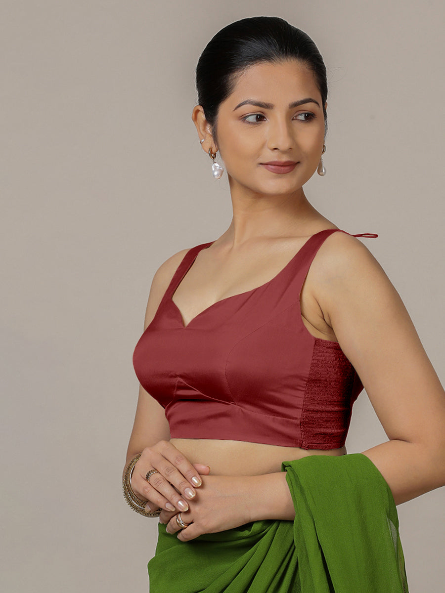 Ishika x Rozaana Saree Blouse, in Red Vegan Silk, featuring sleeveless and sweetheart neckline, made for party & festive.