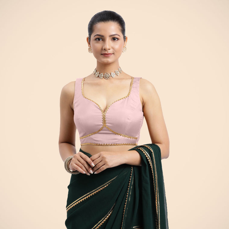 Ishika x Tyohaar Saree Blouse, in Pink Artificial Silk, featuring sleeveless and sweetheart neckline.
