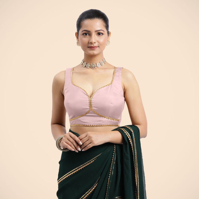 Ishika x Tyohaar | Sleeveless Baby Pink FlexiFit™ Gota Embellished Saree Blouse with Sweetheart Neck-Binks