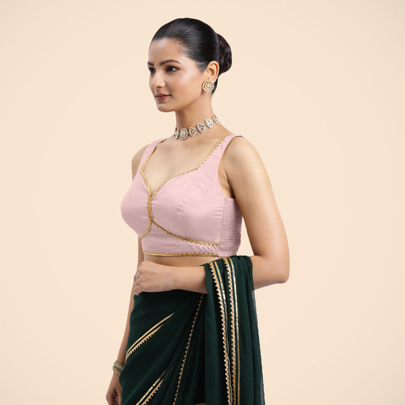 Ishika x Tyohaar | Sleeveless Baby Pink FlexiFit™ Gota Embellished Saree Blouse with Sweetheart Neck-Binks