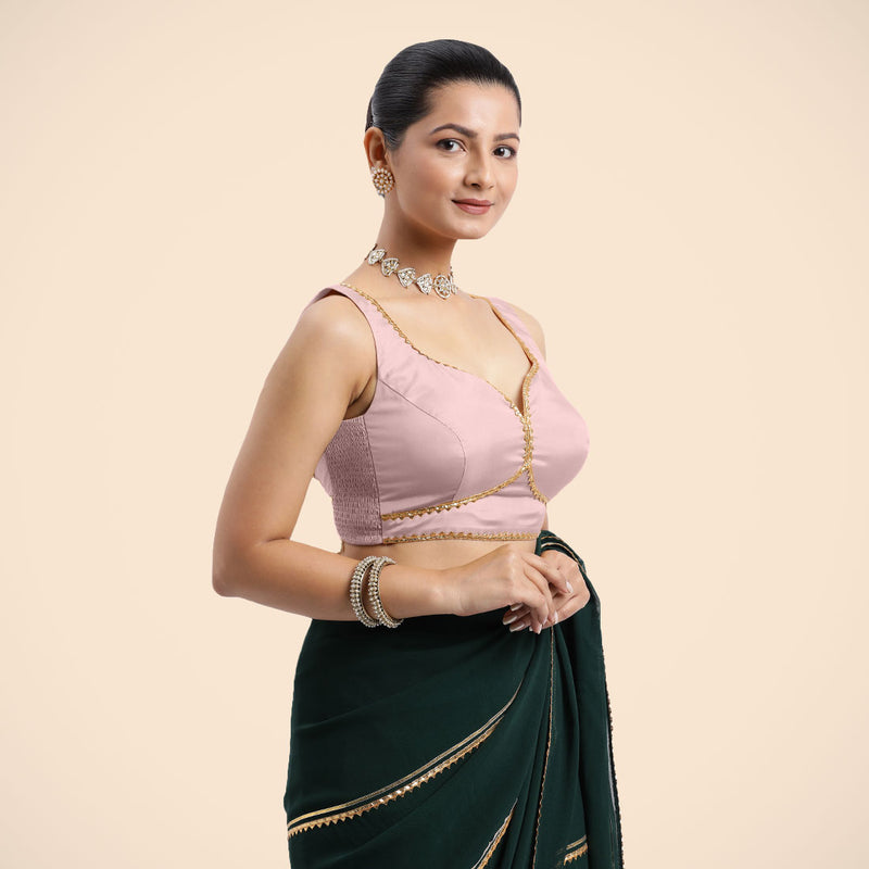 Ishika x Tyohaar | Sleeveless Baby Pink FlexiFit™ Gota Embellished Saree Blouse with Sweetheart Neck-Binks