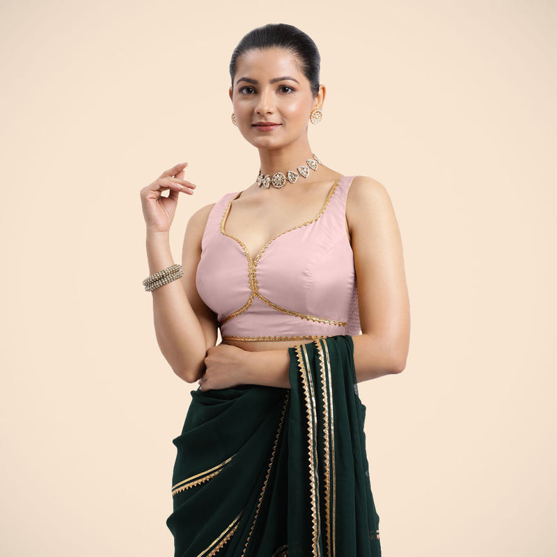 Ishika x Tyohaar | Sleeveless Baby Pink FlexiFit™ Gota Embellished Saree Blouse with Sweetheart Neck-Binks