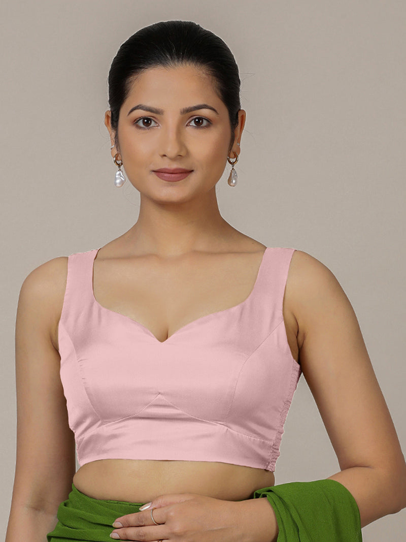 Ishika x Rozaana | Sleeveless Baby Pink FlexiFit™ Saree Blouse with Sweetheart Neck-Binks