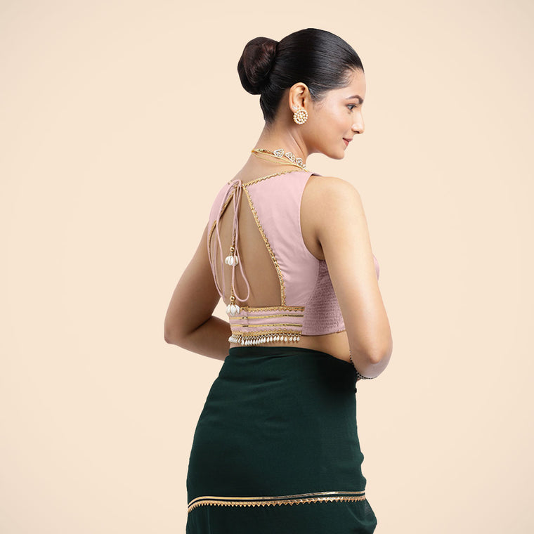 Ishika x Tyohaar Saree Blouse, in Pink Artificial Silk, featuring sleeveless and sweetheart neckline (view 2).