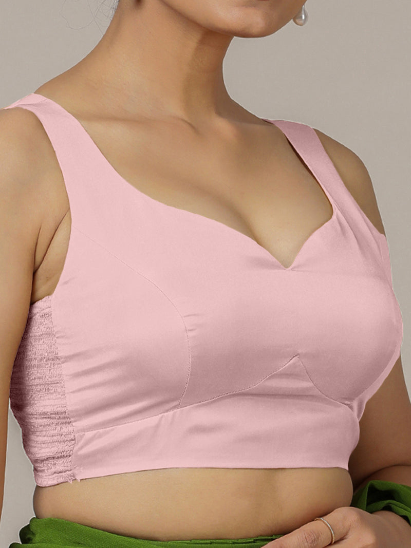 Ishika x Rozaana | Sleeveless Baby Pink FlexiFit™ Saree Blouse with Sweetheart Neck-Binks