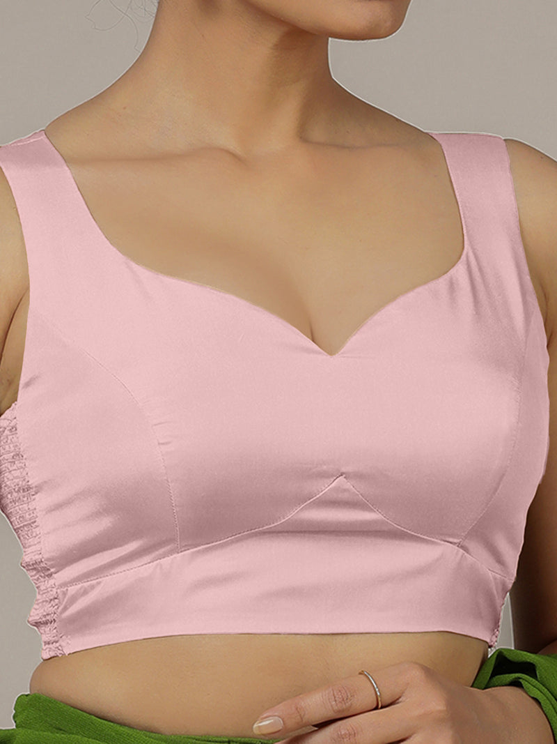 Ishika x Rozaana | Sleeveless Baby Pink FlexiFit™ Saree Blouse with Sweetheart Neck-Binks