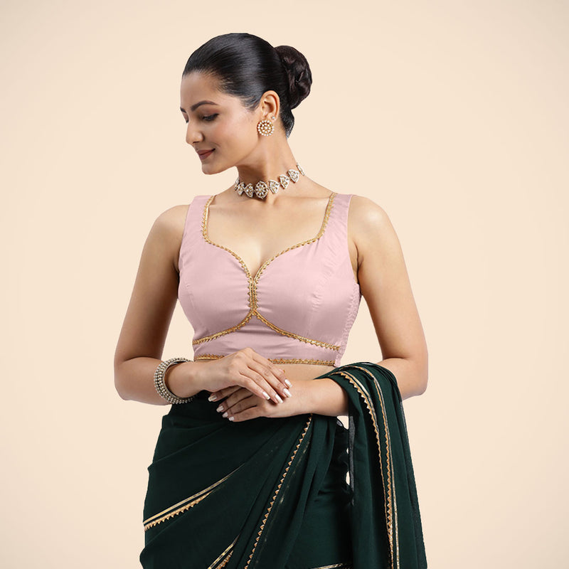 Ishika x Tyohaar | Sleeveless Baby Pink FlexiFit™ Gota Embellished Saree Blouse with Sweetheart Neck-Binks