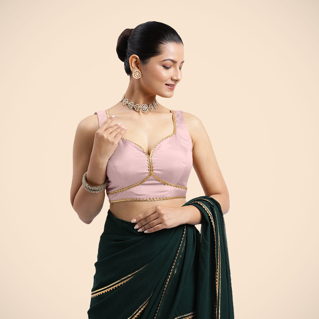 Ishika x Tyohaar Saree Blouse, in Pink Artificial Silk, featuring sleeveless and sweetheart neckline (view 8).