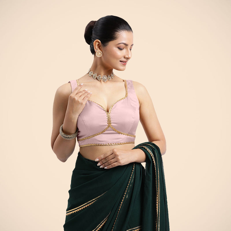Ishika x Tyohaar | Sleeveless Baby Pink FlexiFit™ Gota Embellished Saree Blouse with Sweetheart Neck-Binks