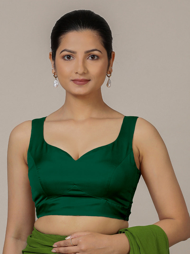 Ishika x Rozaana | Bottle Green Sleeveless FlexiFit™ Saree Blouse with Beetle Leaf Neckline and Back Cut-out with Tie-Up-Binks