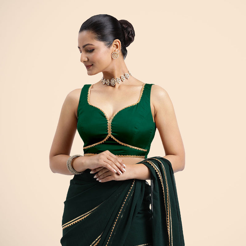 Ishika x Tyohaar | Bottle Green Sleeveless FlexiFit™ Saree Blouse with Beetle Leaf Neckline with Golden Gota Lace and Back Cut-out with Tie-Up-Binks