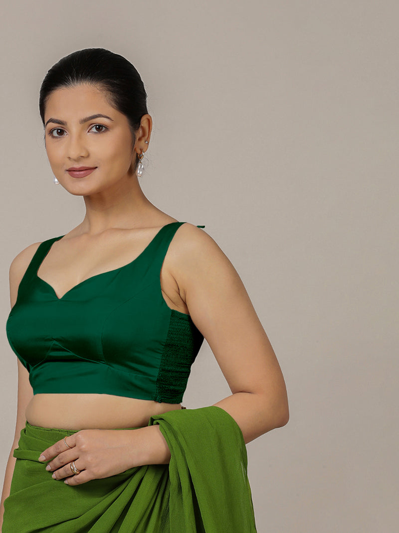 Ishika x Rozaana | Bottle Green Sleeveless FlexiFit™ Saree Blouse with Beetle Leaf Neckline and Back Cut-out with Tie-Up-Binks