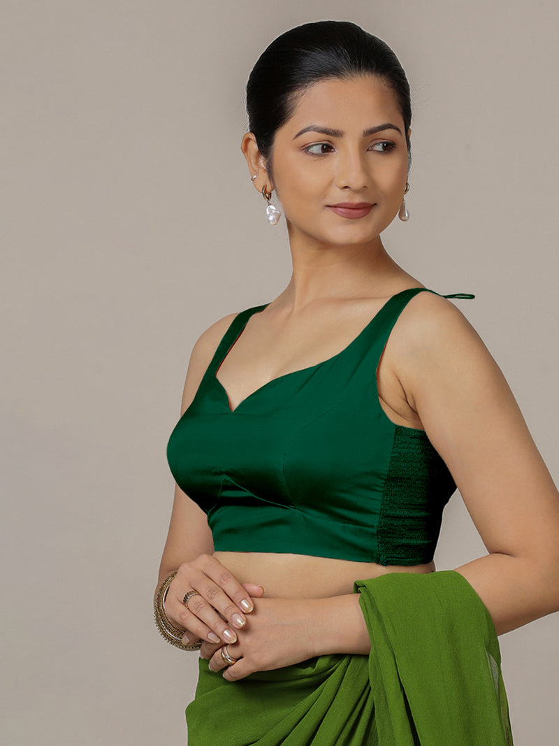 Ishika x Rozaana | Bottle Green Sleeveless FlexiFit™ Saree Blouse with Beetle Leaf Neckline and Back Cut-out with Tie-Up-Binks