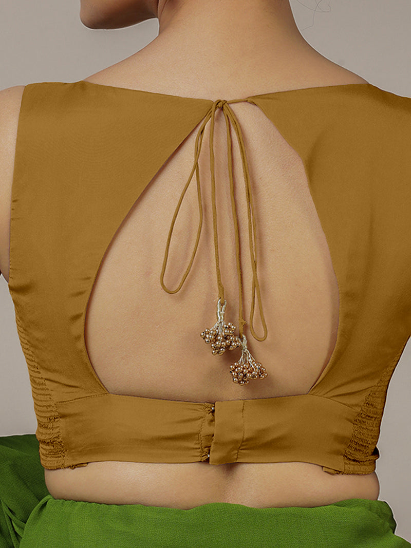 Ishika x Rozaana | Bronze Gold Sleeveless FlexiFit™ Saree Blouse with Beetle Leaf Neckline and Back Cut-out with Tie-Up-Binks