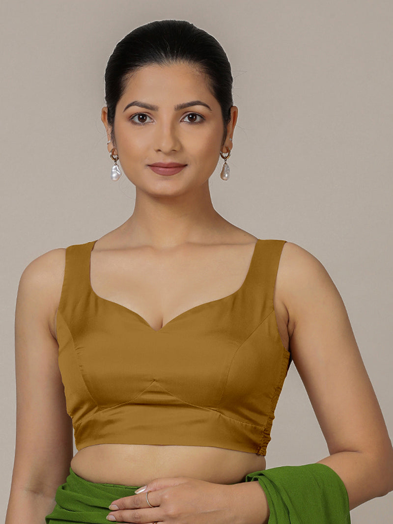Ishika x Rozaana | Bronze Gold Sleeveless FlexiFit™ Saree Blouse with Beetle Leaf Neckline and Back Cut-out with Tie-Up-Binks