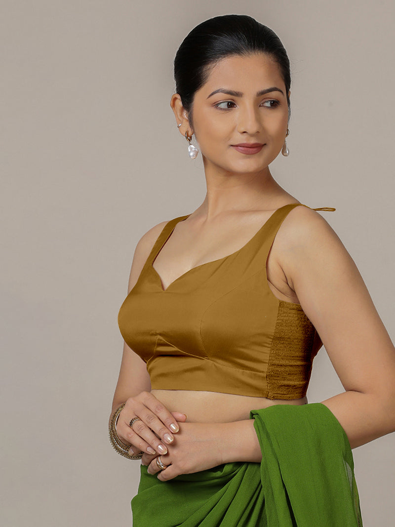 Ishika x Rozaana | Bronze Gold Sleeveless FlexiFit™ Saree Blouse with Beetle Leaf Neckline and Back Cut-out with Tie-Up-Binks