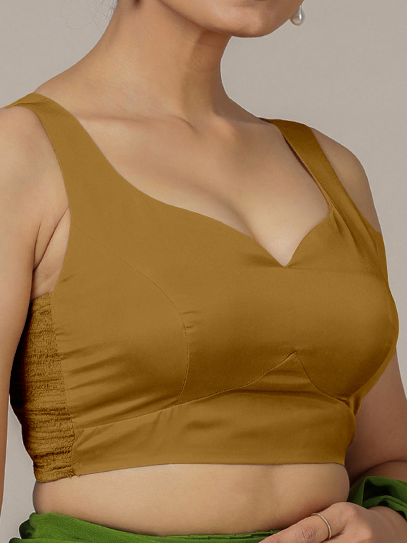 Ishika x Rozaana | Bronze Gold Sleeveless FlexiFit™ Saree Blouse with Beetle Leaf Neckline and Back Cut-out with Tie-Up-Binks