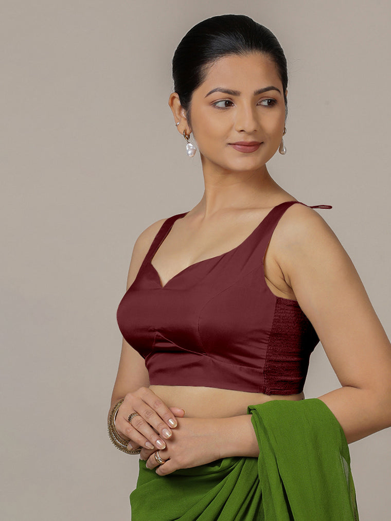 Ishika x Rozaana Saree Blouse, in Maroon Vegan Silk, featuring sleeveless and sweetheart neckline, made for party & festive.