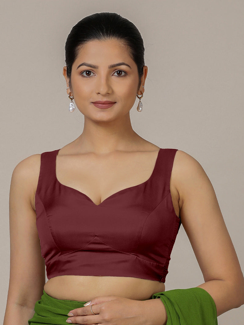 Ishika x Rozaana | Burgundy Sleeveless FlexiFit™ Saree Blouse with Beetle Leaf Neckline and Back Cut-out with Tie-Up-Binks