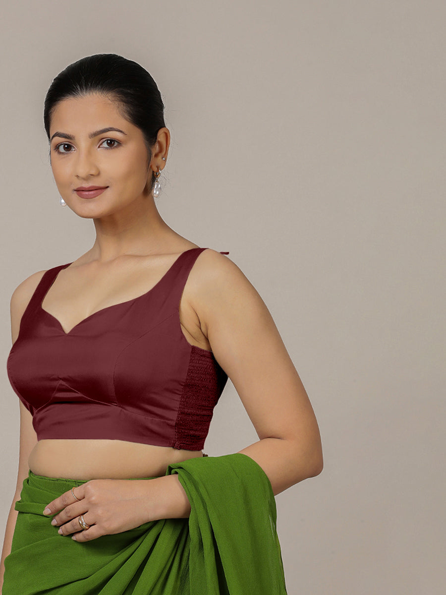 Ishika x Rozaana Saree Blouse, in Maroon Vegan Silk, featuring sleeveless and sweetheart neckline, made for party & festive.