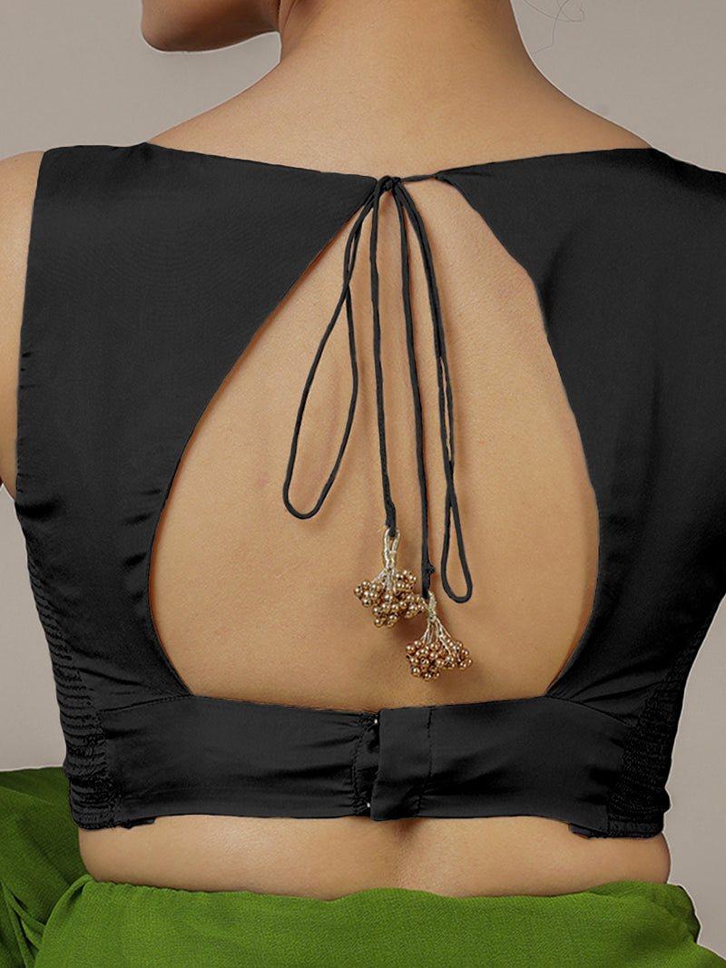 Ishika x Rozaana | Charcoal Black Sleeveless FlexiFit™ Saree Blouse with Beetle Leaf Neckline and Back Cut-out with Tie-Up-Binks