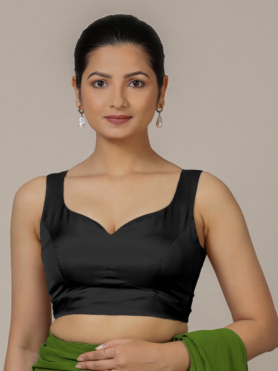 Ishika x Rozaana Saree Blouse, in Black Vegan Silk, featuring sleeveless and sweetheart neckline, made for party & festive.