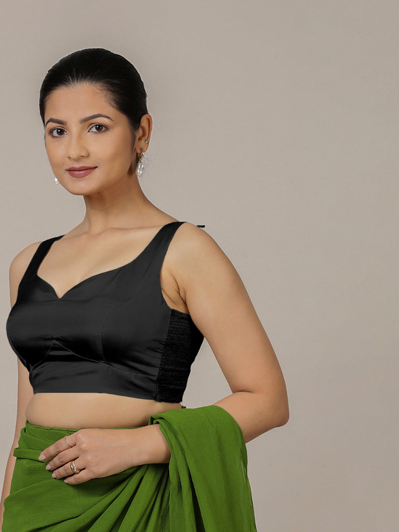 Ishika x Rozaana | Charcoal Black Sleeveless FlexiFit™ Saree Blouse with Beetle Leaf Neckline and Back Cut-out with Tie-Up-Binks