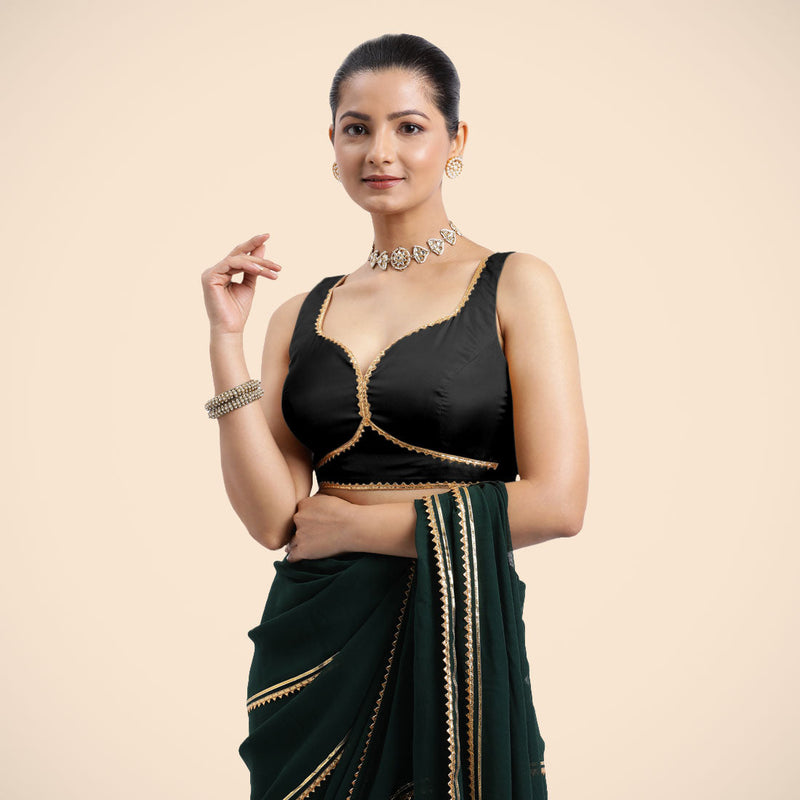 Ishika x Tyohaar | Charcoal Black Sleeveless FlexiFit™ Saree Blouse with Beetle Leaf Neckline with Golden Gota Lace and Back Cut-out with Tie-Up-Binks