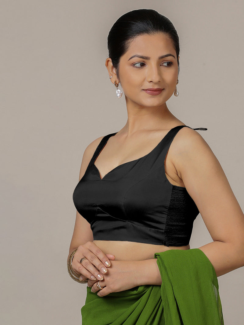 Ishika x Rozaana | Charcoal Black Sleeveless FlexiFit™ Saree Blouse with Beetle Leaf Neckline and Back Cut-out with Tie-Up-Binks