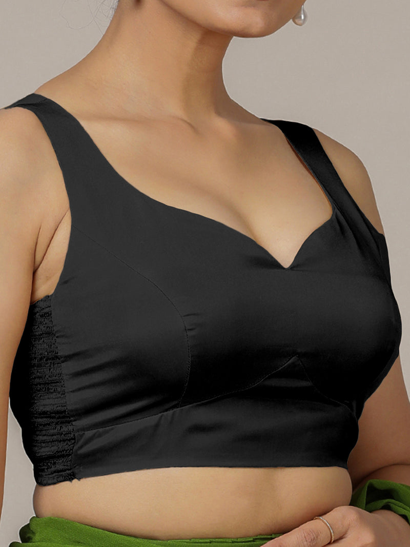 Ishika x Rozaana | Charcoal Black Sleeveless FlexiFit™ Saree Blouse with Beetle Leaf Neckline and Back Cut-out with Tie-Up-Binks