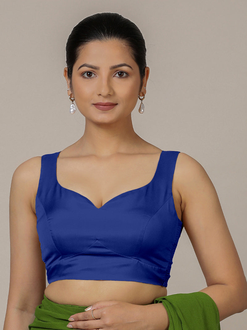 Ishika x Rozaana | Cobalt Blue Sleeveless FlexiFit™ Saree Blouse with Beetle Leaf Neckline and Back Cut-out with Tie-Up-Binks