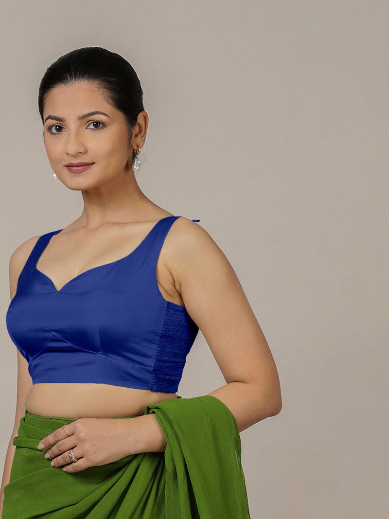 Ishika x Rozaana | Cobalt Blue Sleeveless FlexiFit™ Saree Blouse with Beetle Leaf Neckline and Back Cut-out with Tie-Up-Binks