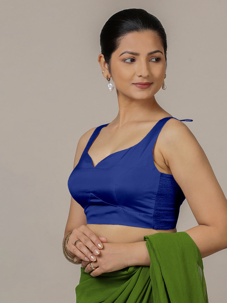 Ishika x Rozaana Saree Blouse, in Blue Vegan Silk, featuring sleeveless and sweetheart neckline, made for party & festive.