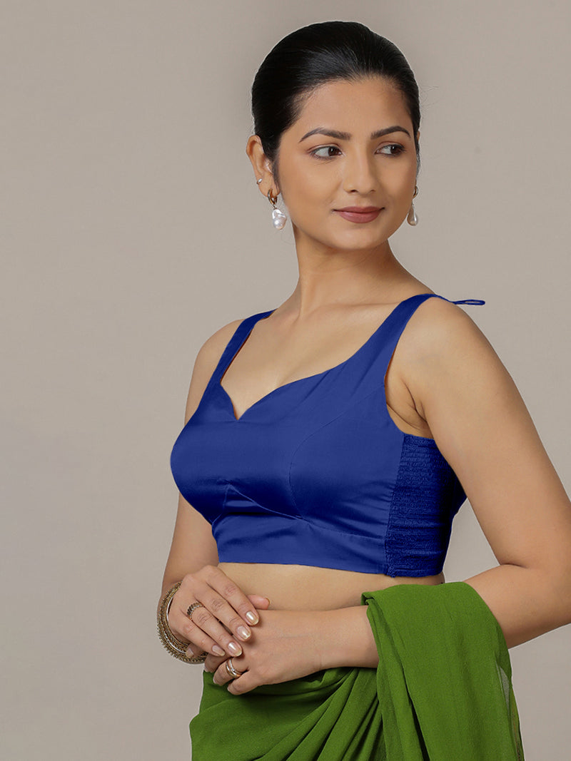 Ishika x Rozaana | Cobalt Blue Sleeveless FlexiFit™ Saree Blouse with Beetle Leaf Neckline and Back Cut-out with Tie-Up-Binks