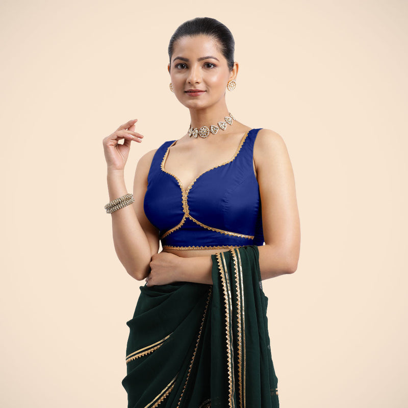 Ishika x Tyohaar | Cobalt Blue Sleeveless FlexiFit™ Saree Blouse with Beetle Leaf Neckline with Golden Gota Lace and Back Cut-out with Tie-Up-Binks