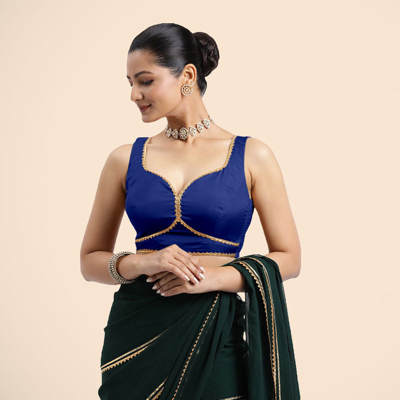 Ishika x Tyohaar | Cobalt Blue Sleeveless FlexiFit™ Saree Blouse with Beetle Leaf Neckline with Golden Gota Lace and Back Cut-out with Tie-Up-Binks
