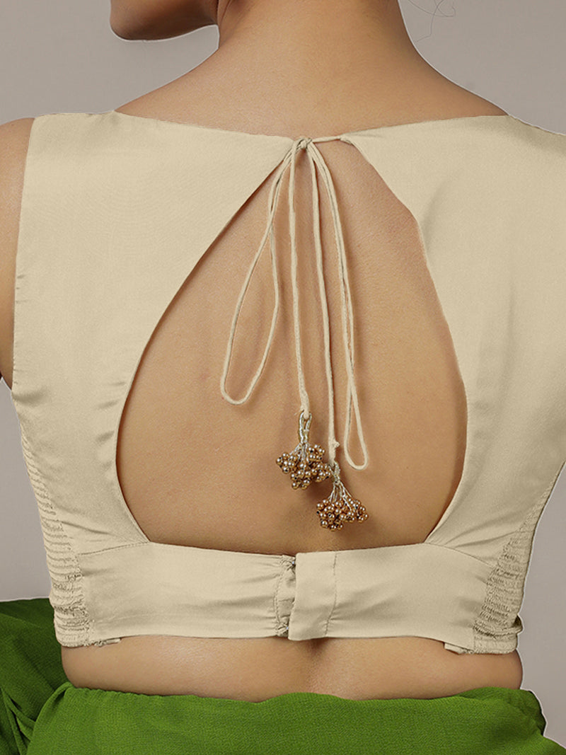 Ishika x Rozaana | Cream Sleeveless FlexiFit™ Saree Blouse with Beetle Leaf Neckline and Back Cut-out with Tie-Up-Binks