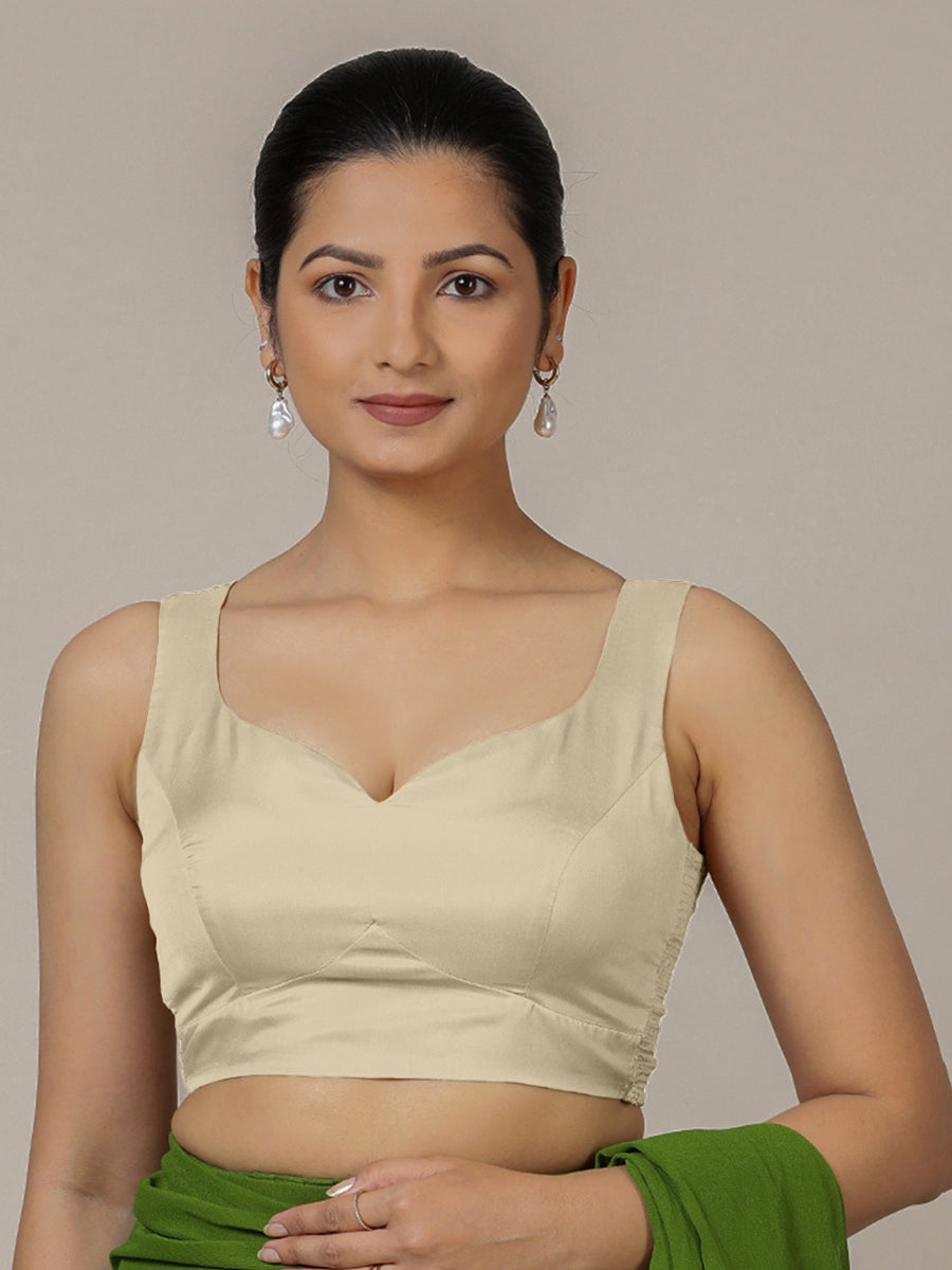 Ishika x Rozaana Saree Blouse, in Cream Vegan Silk, featuring sleeveless and sweetheart neckline, made for party & festive.