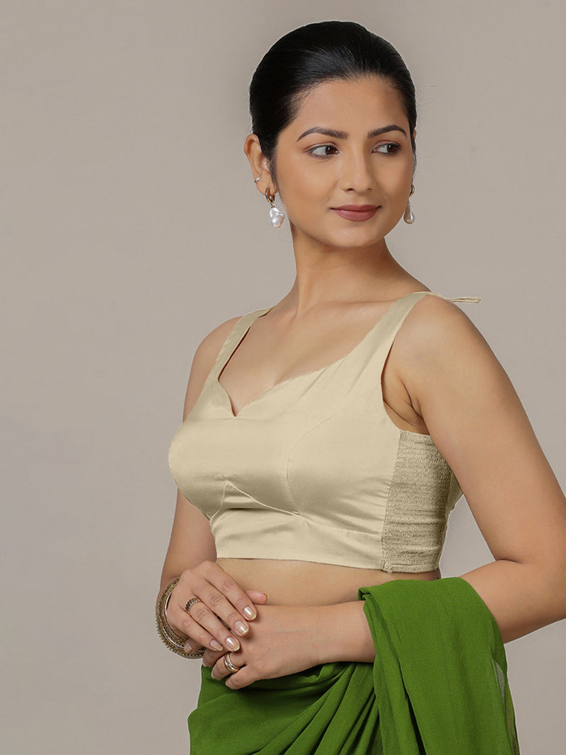 Ishika x Rozaana | Cream Sleeveless FlexiFit™ Saree Blouse with Beetle Leaf Neckline and Back Cut-out with Tie-Up-Binks
