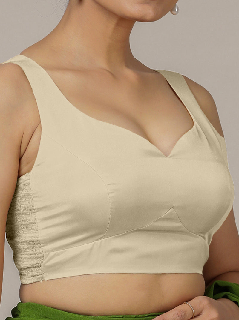 Ishika x Rozaana | Cream Sleeveless FlexiFit™ Saree Blouse with Beetle Leaf Neckline and Back Cut-out with Tie-Up-Binks