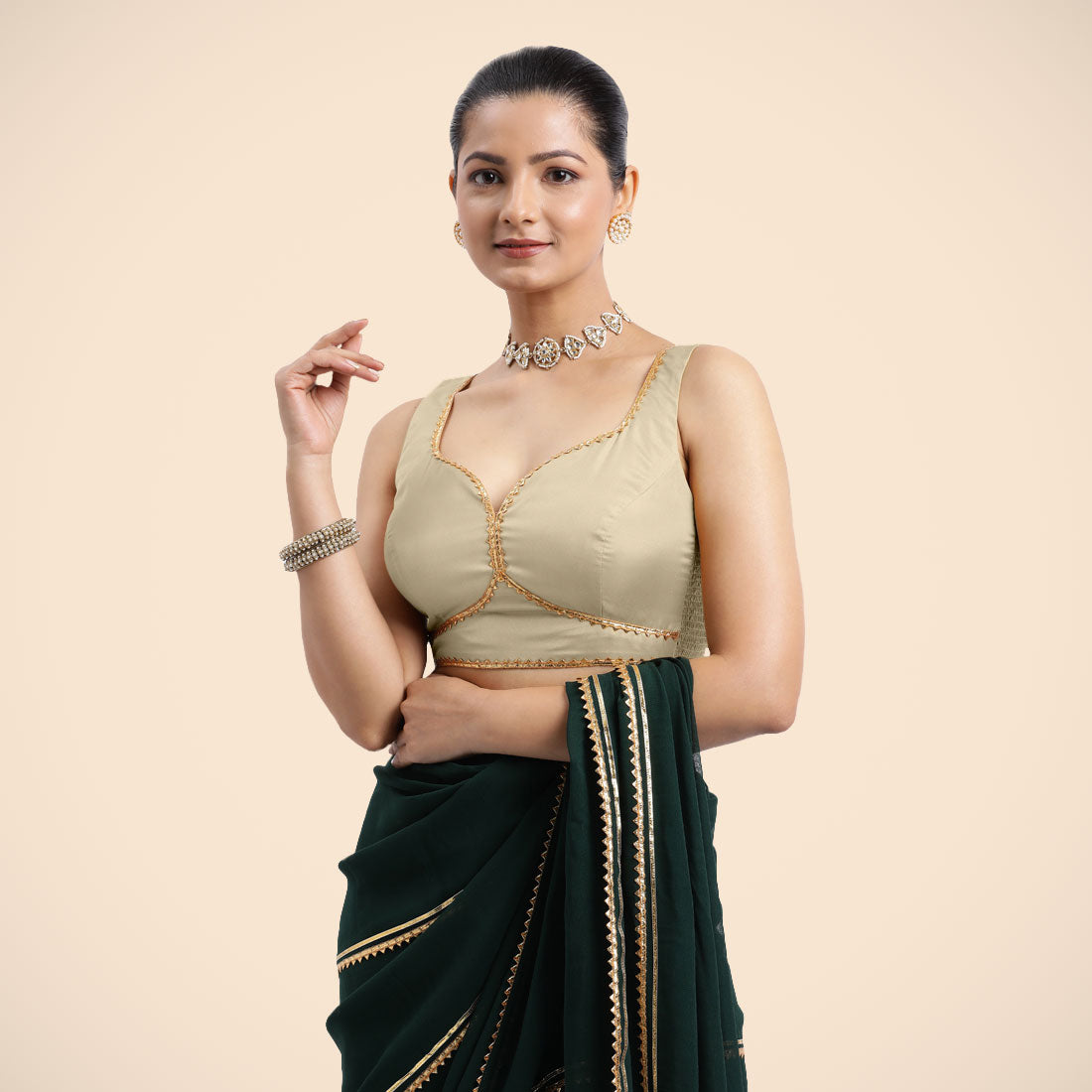 Ishika x Tyohaar Saree Blouse, in Cream Vegan Silk, featuring sleeveless and sweetheart neckline, made for party & festive.
