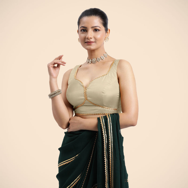 Ishika x Tyohaar | Cream Sleeveless FlexiFit™ Saree Blouse with Beetle Leaf Neckline with Golden Gota Lace and Back Cut-out with Tie-Up-Binks