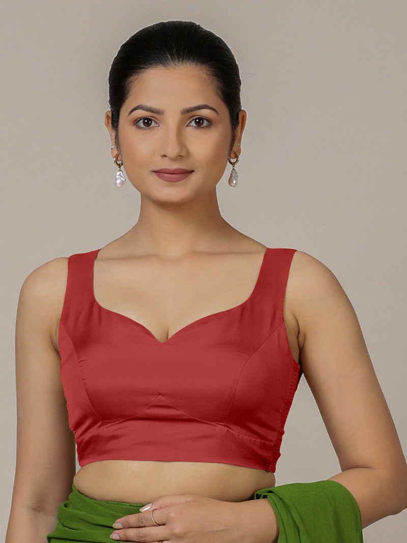 Ishika x Rozaana | Crimson Red Sleeveless FlexiFit™ Saree Blouse with Beetle Leaf Neckline and Back Cut-out with Tie-Up-Binks